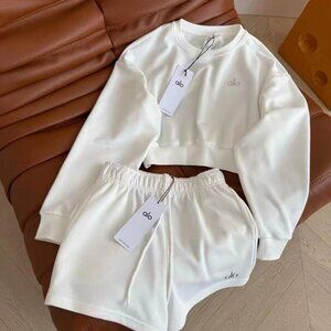 Alo Yoga White Cropped Crew Neck Sweatshirt + Shorts Two-Piece Set